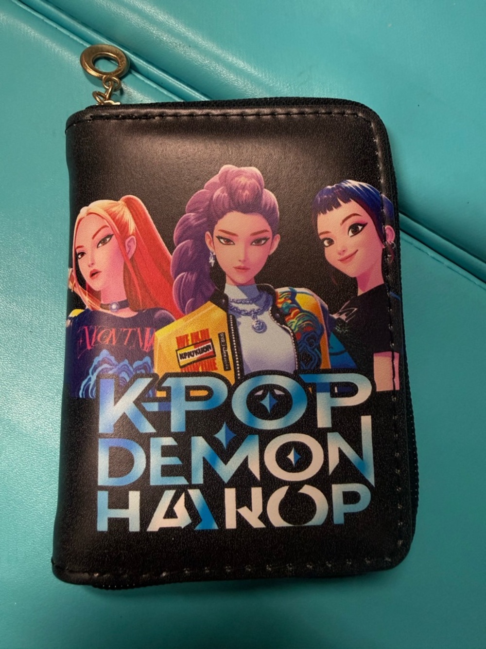 K-POP DEMON Graphic Zip Card Wallet - Black with Multicolor Print